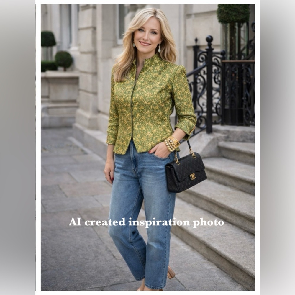 Vintage-Style Green & Gold Brocade Mandarin Jacket | Disney | Small | China - Picture 2 of 11